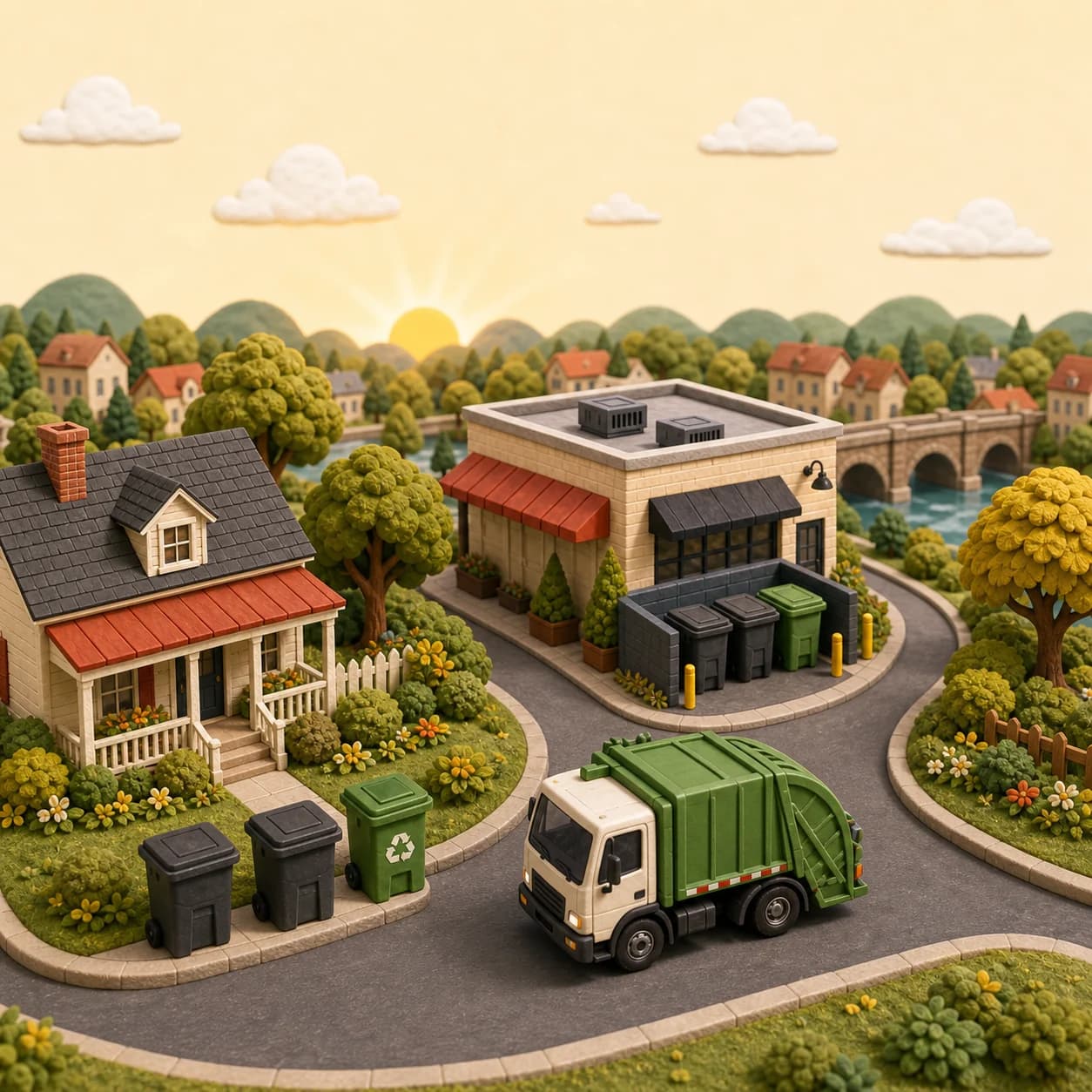 Illustrated neighborhood served by a local waste collection team