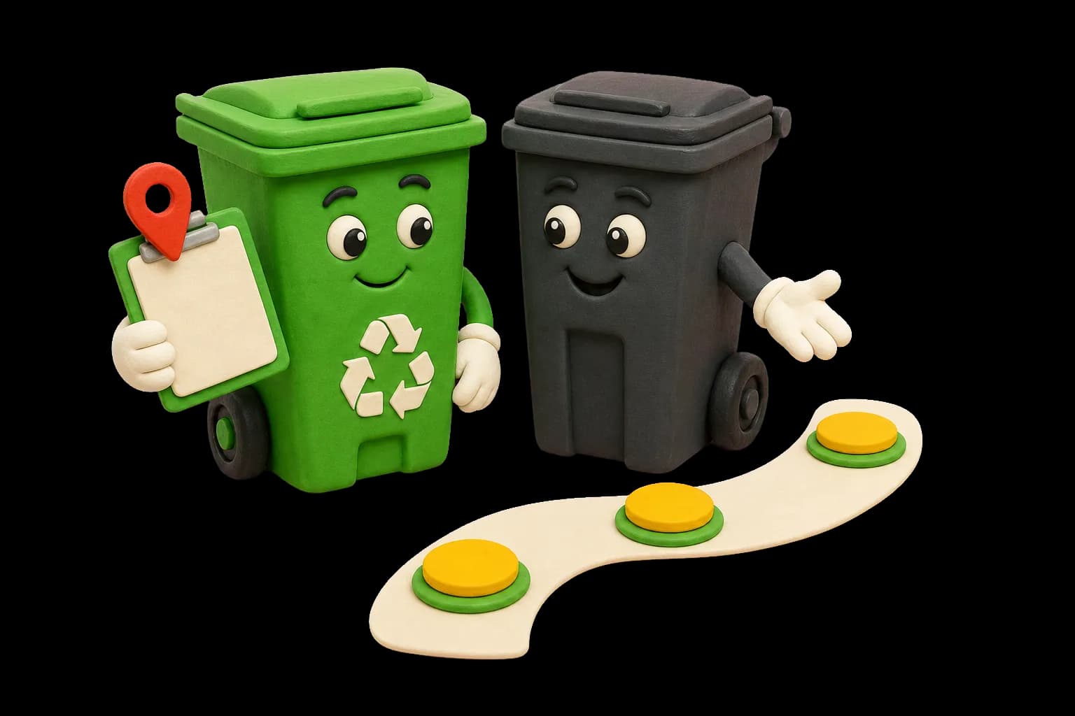 Friendly trash and recycling carts guiding a simple three-step route