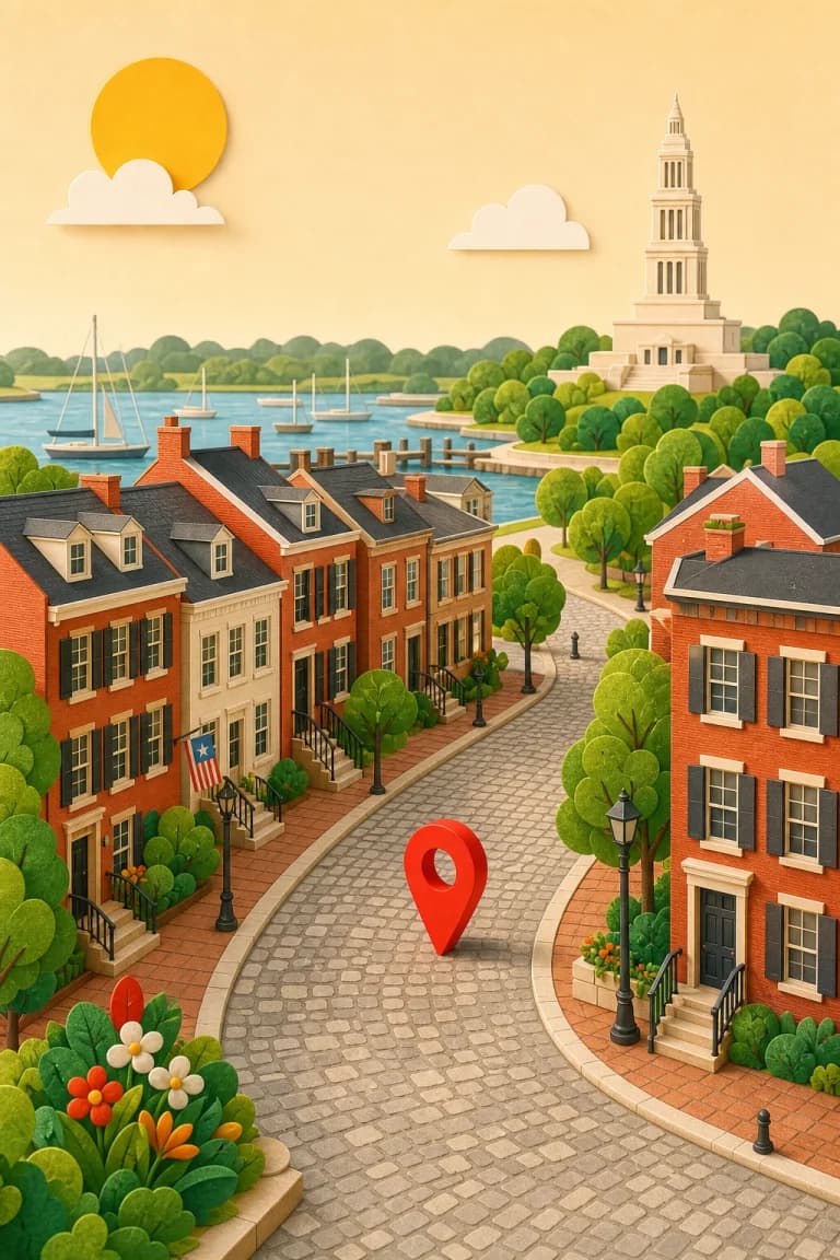Illustrated Old Town Alexandria streetscape beside the Potomac waterfront