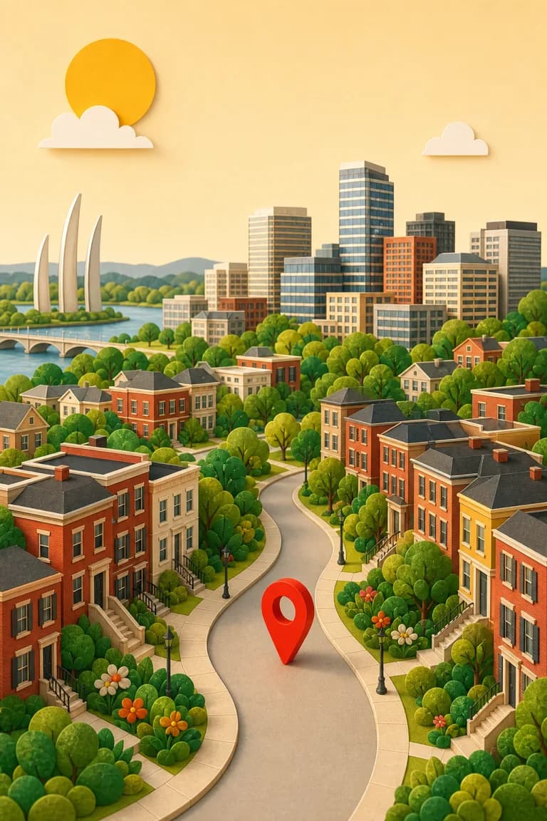 Illustrated Arlington, Virginia neighborhood with a modern skyline, Potomac River, and memorial spires