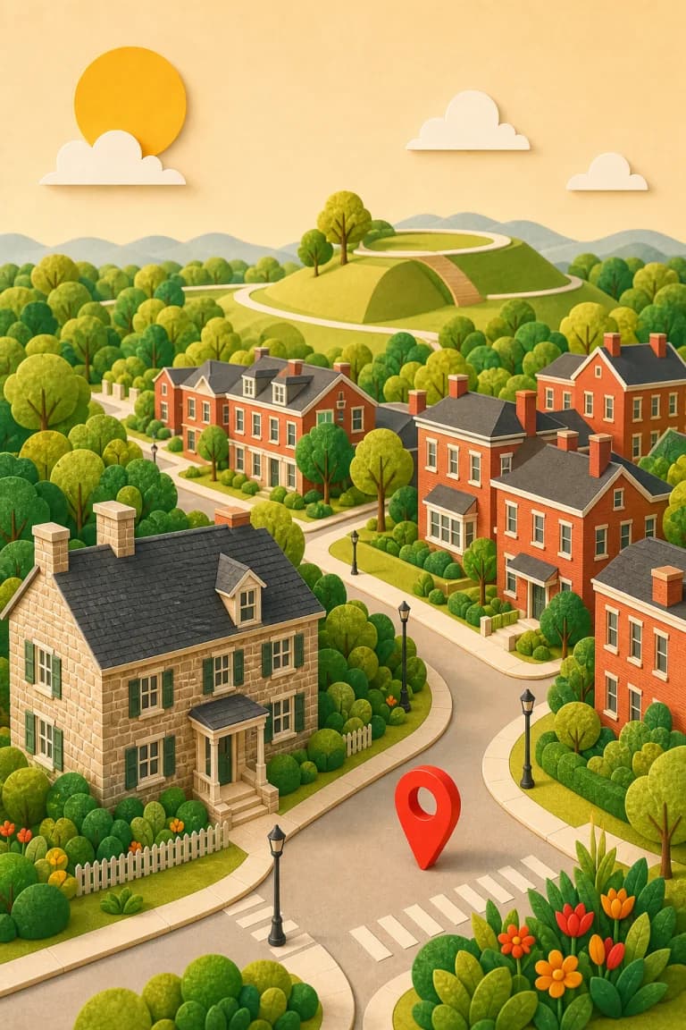 Illustrated Centreville, Virginia neighborhood with homes, shops, trees, and open green space