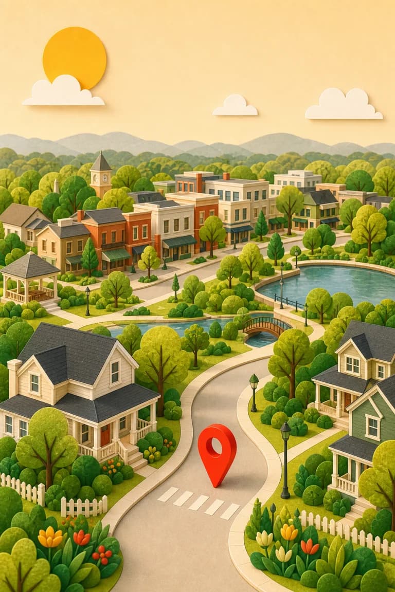 Illustrated Gainesville, Virginia neighborhood near shops, trees, and rolling countryside