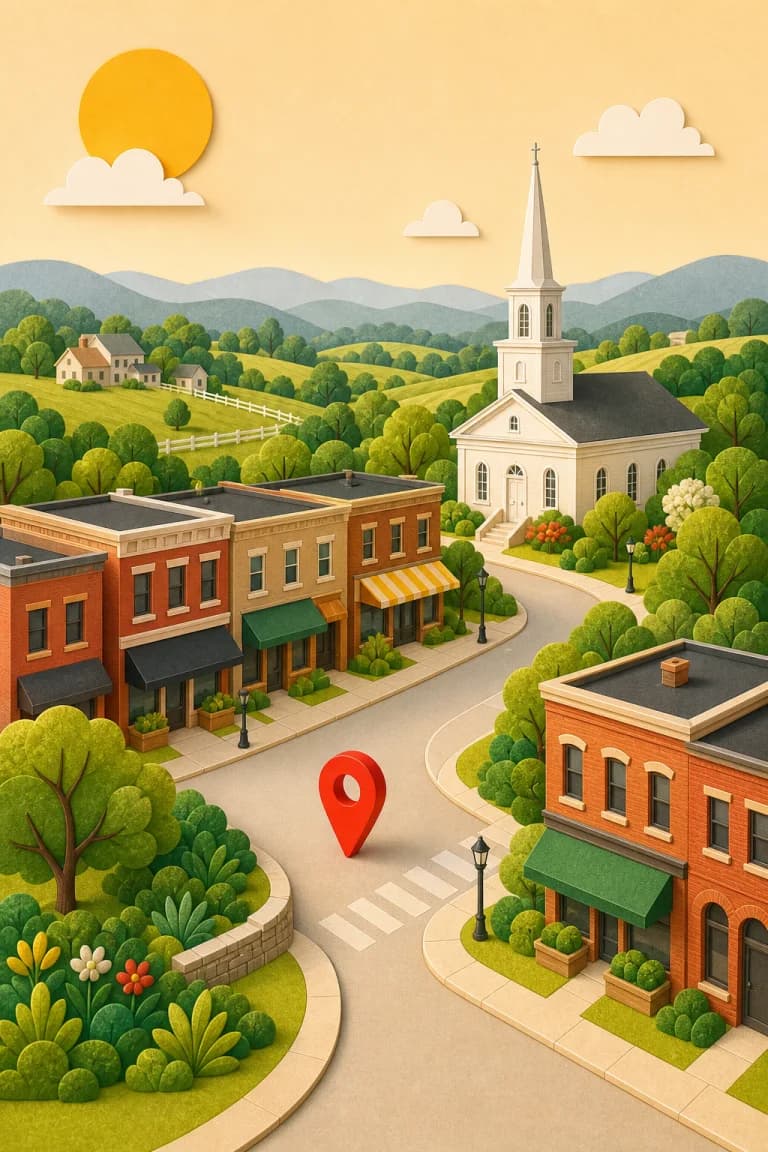 Illustrated Haymarket, Virginia main street with shops, homes, and a church steeple