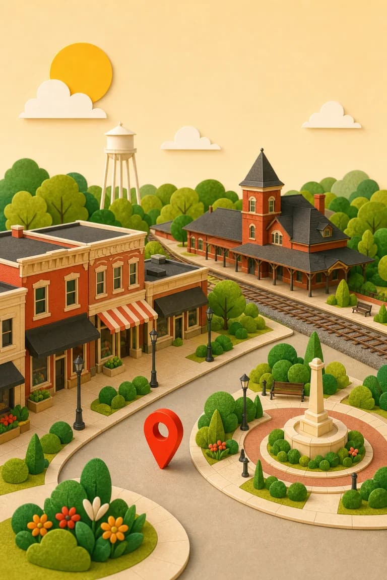 Illustrated Manassas, Virginia historic downtown with a train station and neighborhood streets