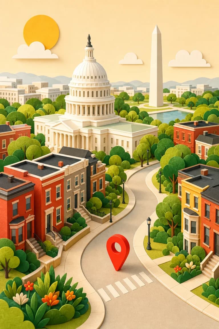 Illustrated Washington, DC neighborhood with the Capitol and Washington Monument