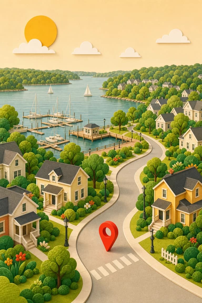 Illustrated Woodbridge, Virginia community beside the Occoquan River and wooded neighborhoods