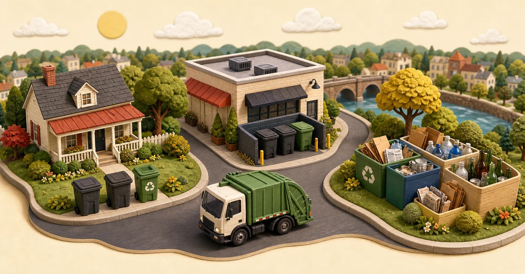 Illustrated neighborhood showing residential trash pickup, commercial waste collection, recycling bins and a collection truck