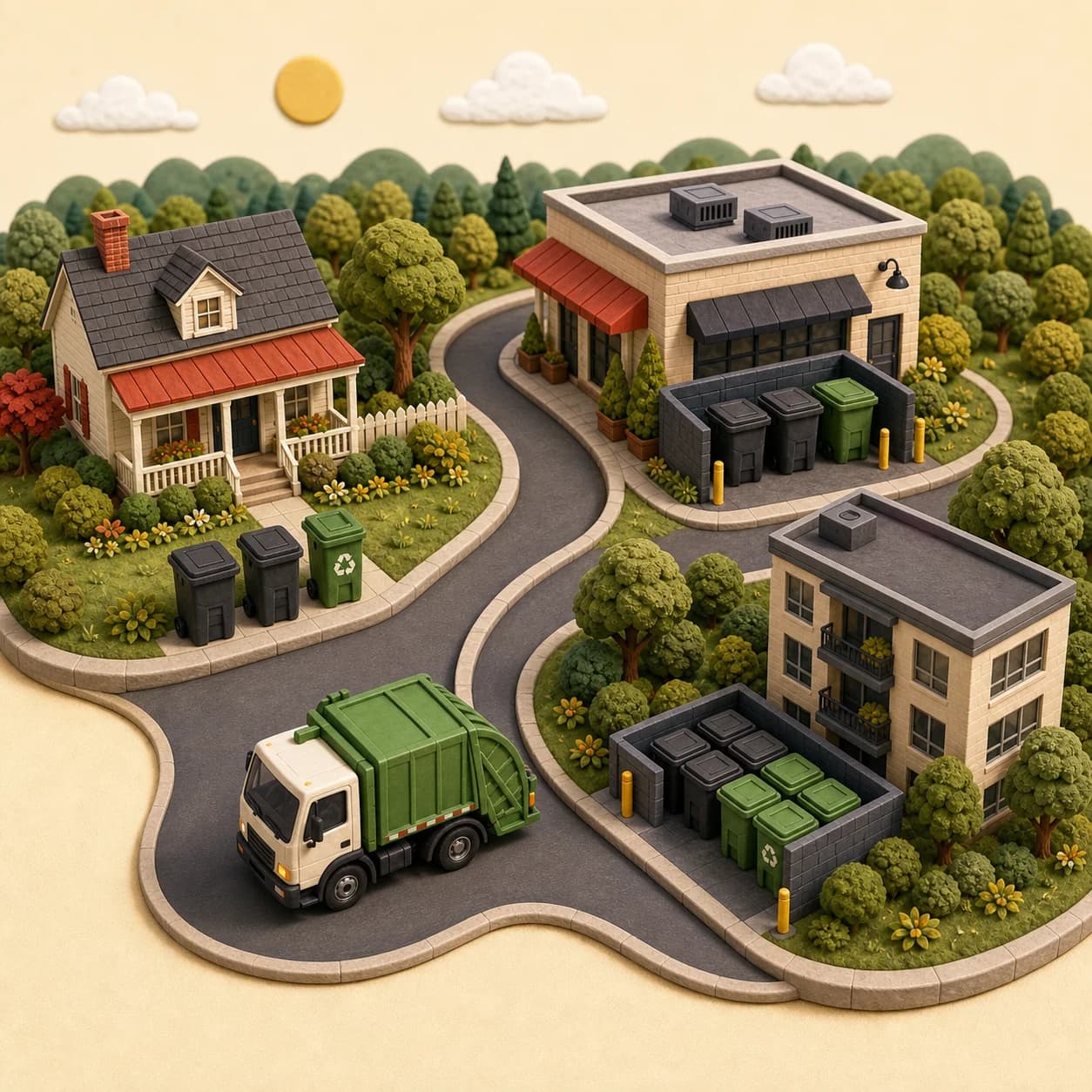 Illustrated neighborhood with residential, commercial, and recycling collection